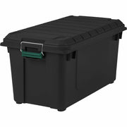 Heavy-Duty Stackable Storage Container, 20.5 gal, 30"L x 16"W x 15.3"H, 75 lb Capacity, Buckle-Latch Lid, Polypropylene, Black/Green