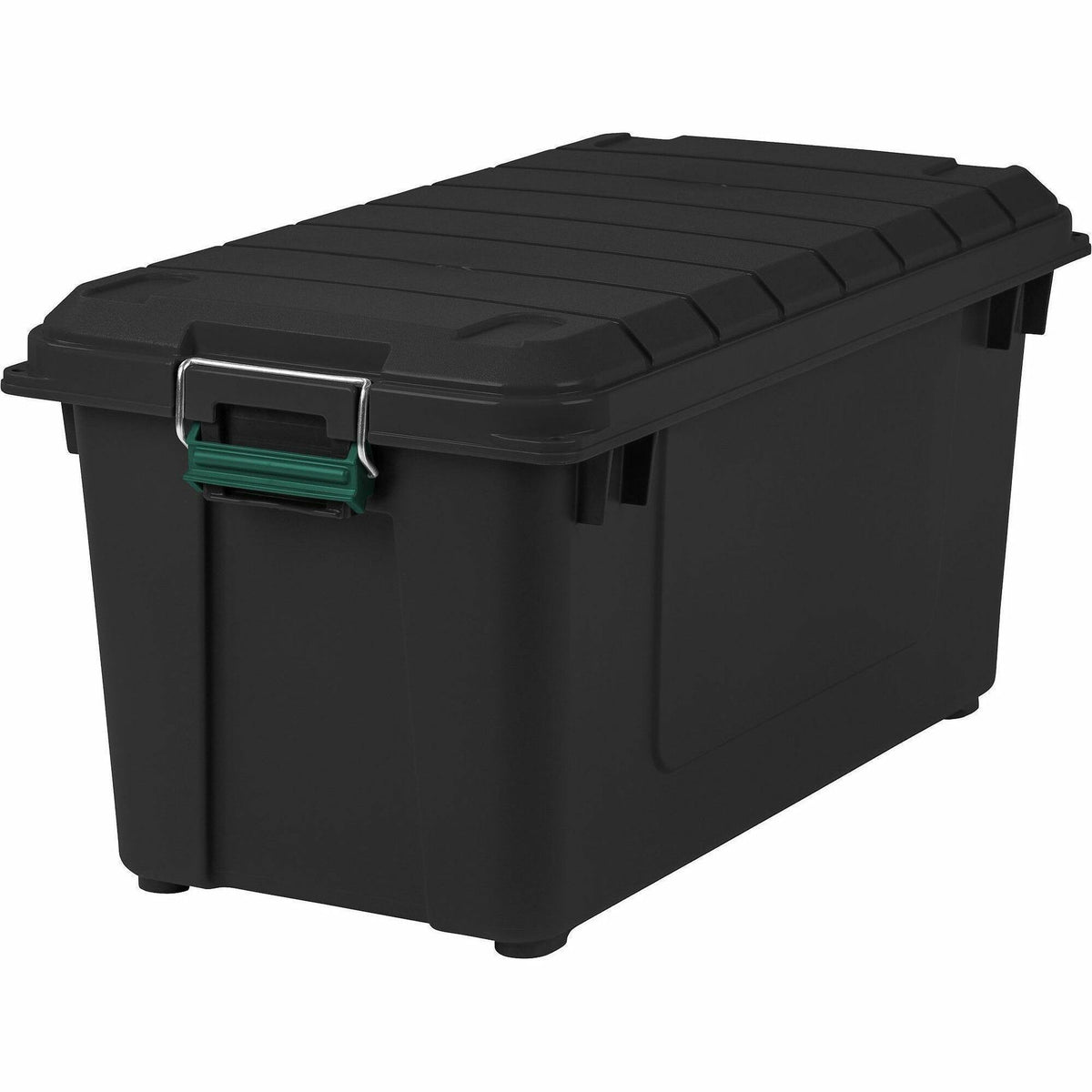 Heavy-Duty Stackable Storage Container, 20.5 gal, 30"L x 16"W x 15.3"H, 75 lb Capacity, Buckle-Latch Lid, Polypropylene, Black/Green