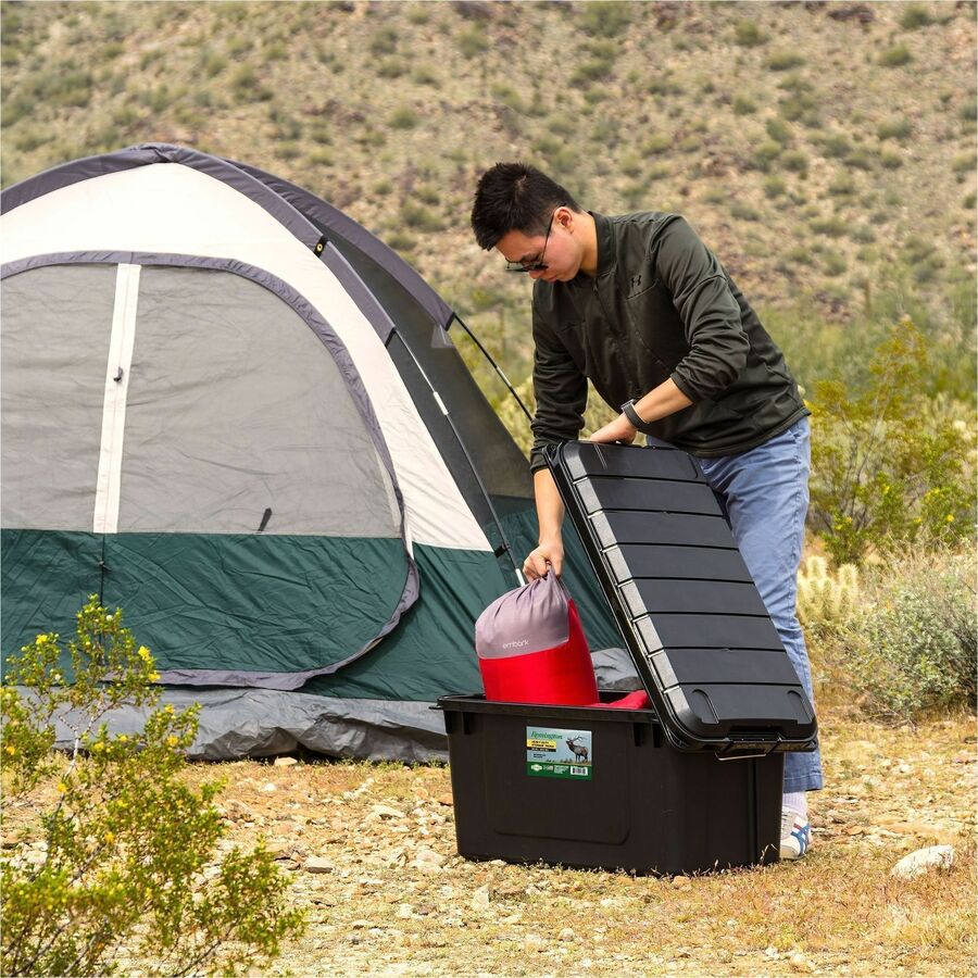 Heavy-Duty Stackable Storage Container, 20.5 gal, 30"L x 16"W x 15.3"H, 75 lb Capacity, Buckle-Latch Lid, Polypropylene, Black/Green