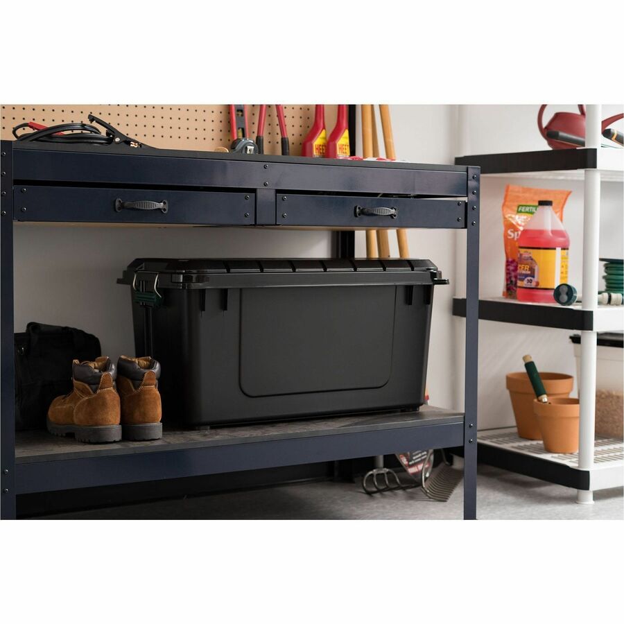 Heavy-Duty Stackable Storage Container, 20.5 gal, 30"L x 16"W x 15.3"H, 75 lb Capacity, Buckle-Latch Lid, Polypropylene, Black/Green