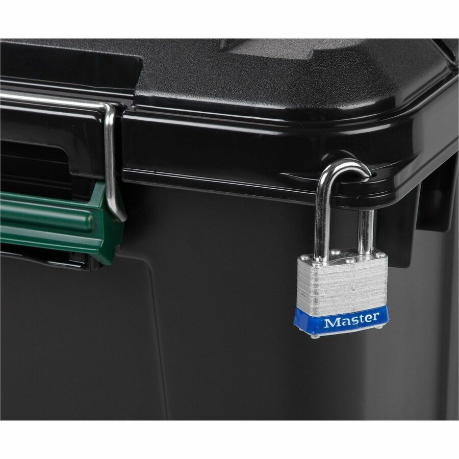 Heavy-Duty Stackable Storage Container, 20.5 gal, 30"L x 16"W x 15.3"H, 75 lb Capacity, Buckle-Latch Lid, Polypropylene, Black/Green