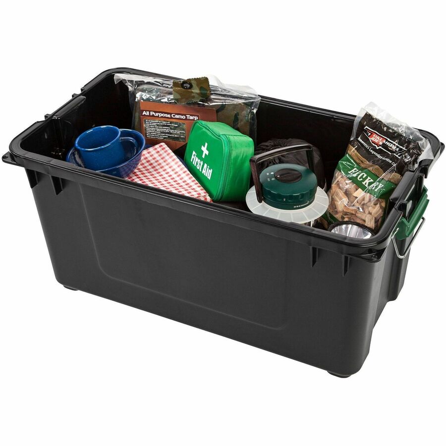 Heavy-Duty Stackable Storage Container, 20.5 gal, 30"L x 16"W x 15.3"H, 75 lb Capacity, Buckle-Latch Lid, Polypropylene, Black/Green
