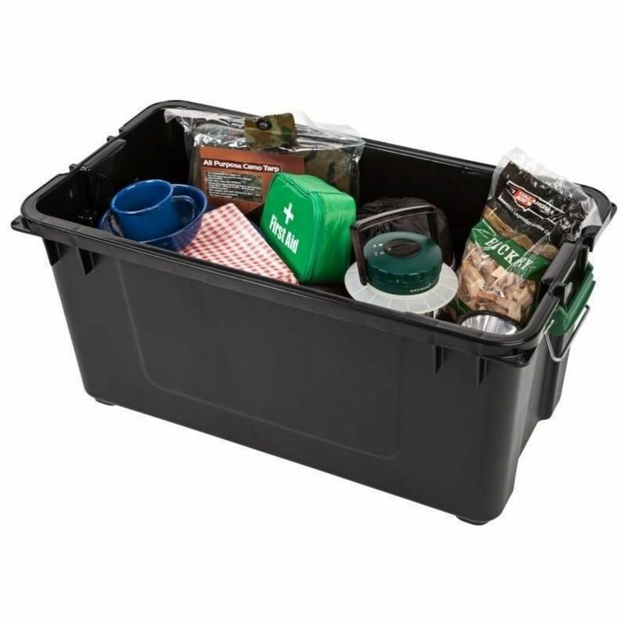 Heavy-Duty Stackable Storage Container, 20.5 gal, 30"L x 16"W x 15.3"H, 75 lb Capacity, Buckle-Latch Lid, Polypropylene, Black/Green