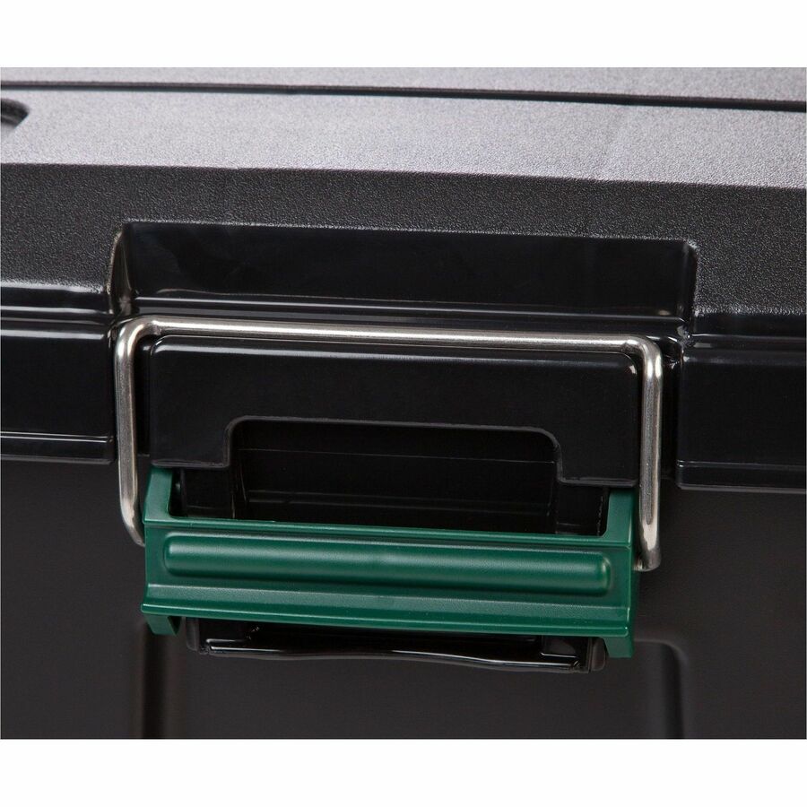 Heavy-Duty Stackable Storage Container, 20.5 gal, 30"L x 16"W x 15.3"H, 75 lb Capacity, Buckle-Latch Lid, Polypropylene, Black/Green