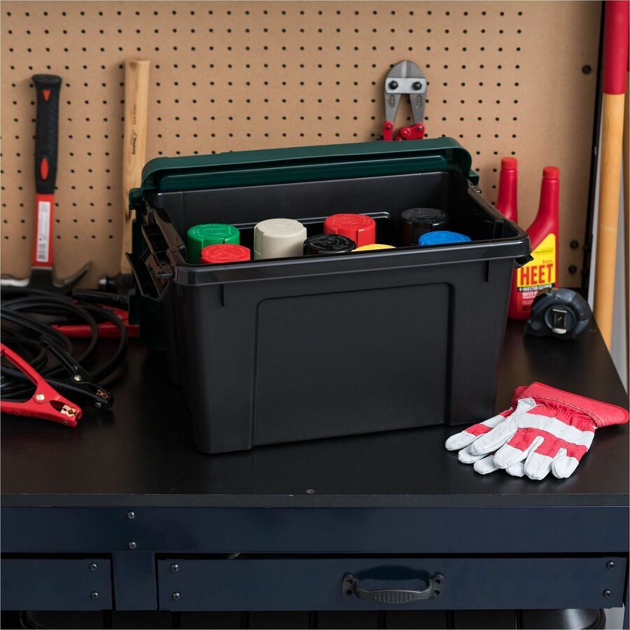 Internal Dimensions: 13.75" Length x 8.50" Width x 9.50" Height - External Dimensions: 18.1" Length x 11.6" Width x 10.4" Height - 5 gal - Lid, Buckle Closure - Heavy Duty - Stackable - Black, Green - For Shoes, Makeup - 1 Each