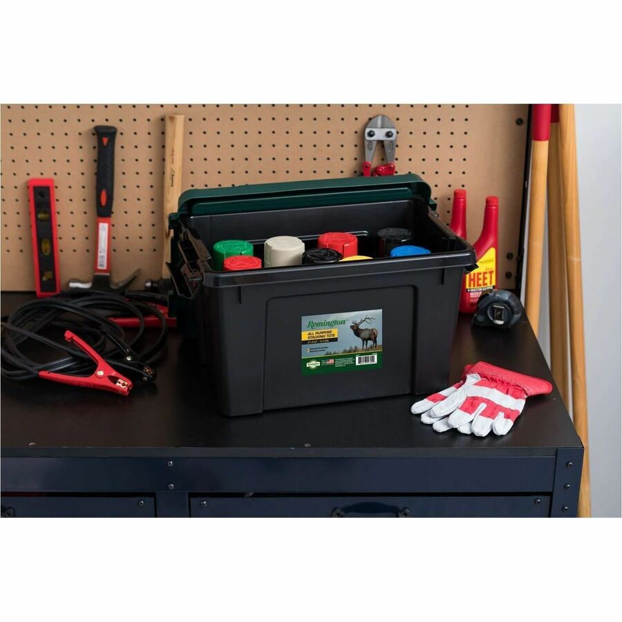 Internal Dimensions: 13.75" Length x 8.50" Width x 9.50" Height - External Dimensions: 18.1" Length x 11.6" Width x 10.4" Height - 5 gal - Lid, Buckle Closure - Heavy Duty - Stackable - Black, Green - For Shoes, Makeup - 1 Each