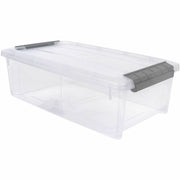 External Dimensions: 14.1" Length x 8.1" Width x 4.6" Height - 1.55 gal - Buckle Latch Closure - Stackable - Clear, Gray - For Document - 1 Each