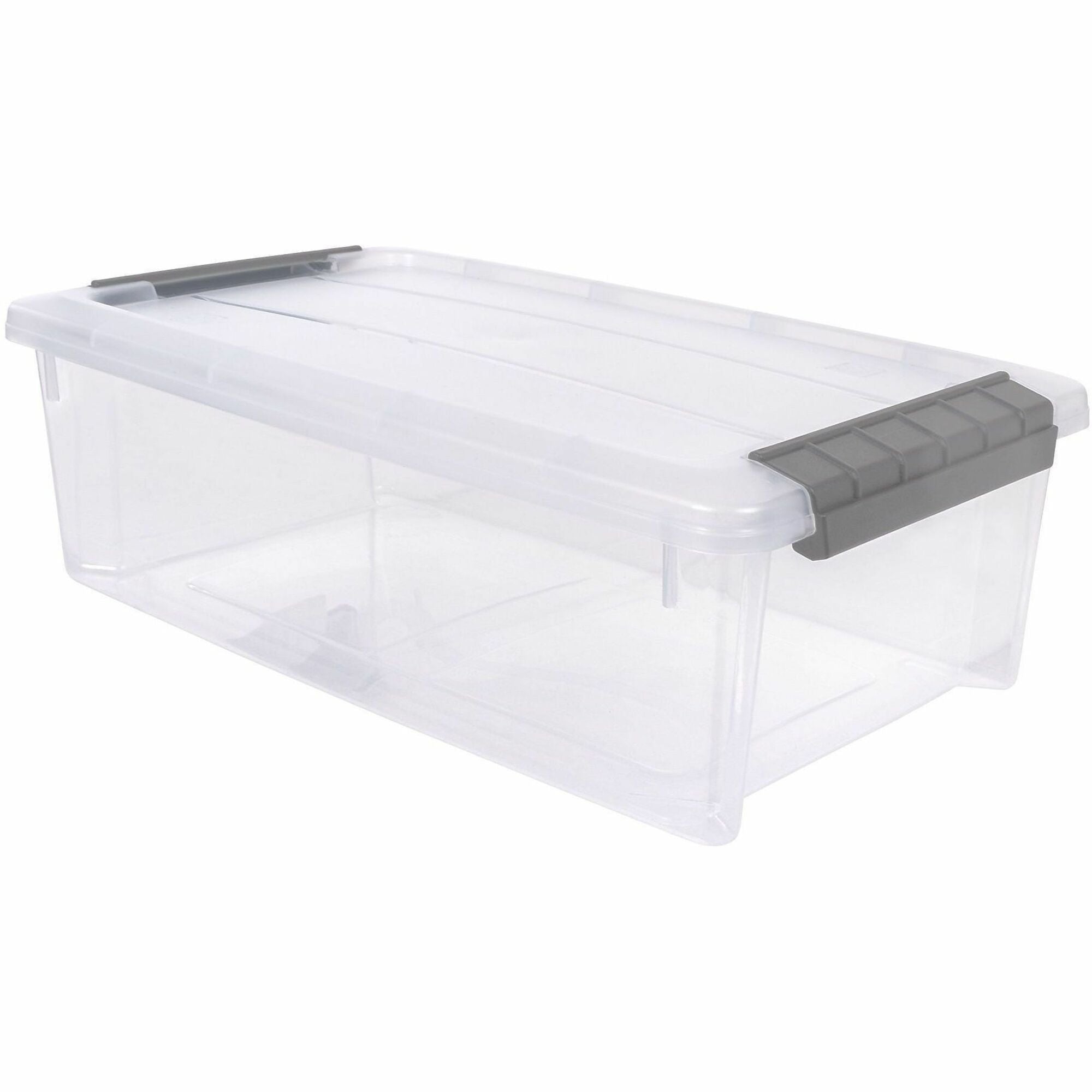 External Dimensions: 14.1" Length x 8.1" Width x 4.6" Height - 1.55 gal - Buckle Latch Closure - Stackable - Clear, Gray - For Document - 1 Each