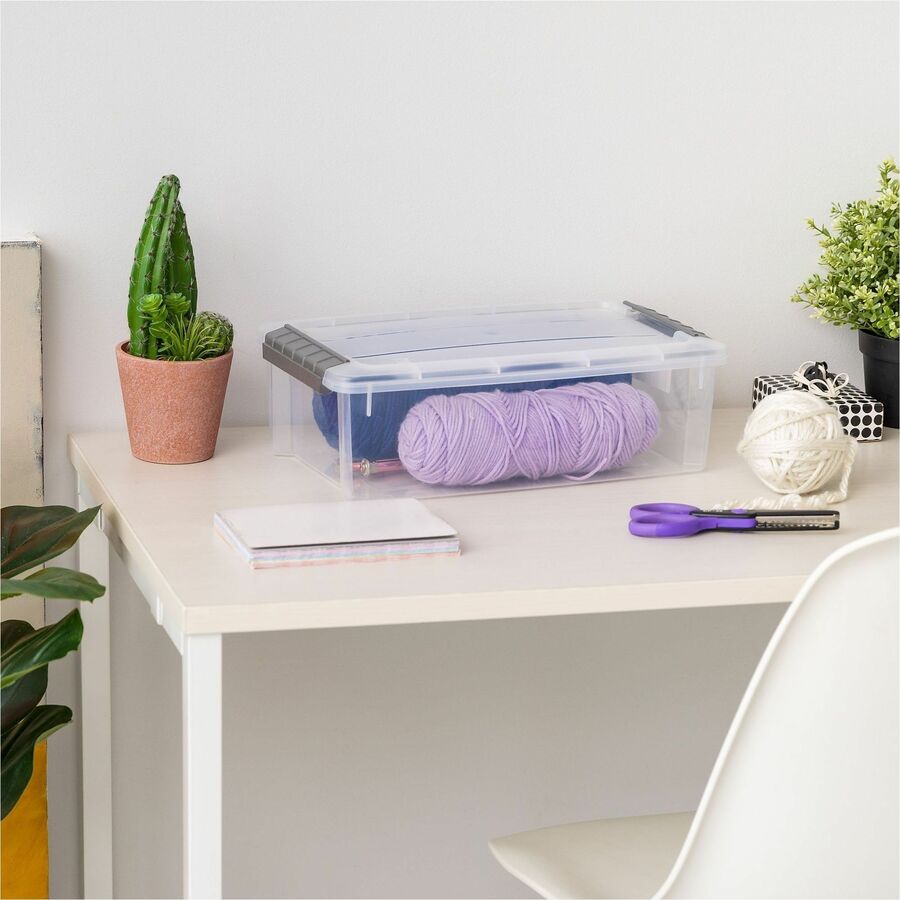 External Dimensions: 14.1" Length x 8.1" Width x 4.6" Height - 1.55 gal - Buckle Latch Closure - Stackable - Clear, Gray - For Document - 1 Each