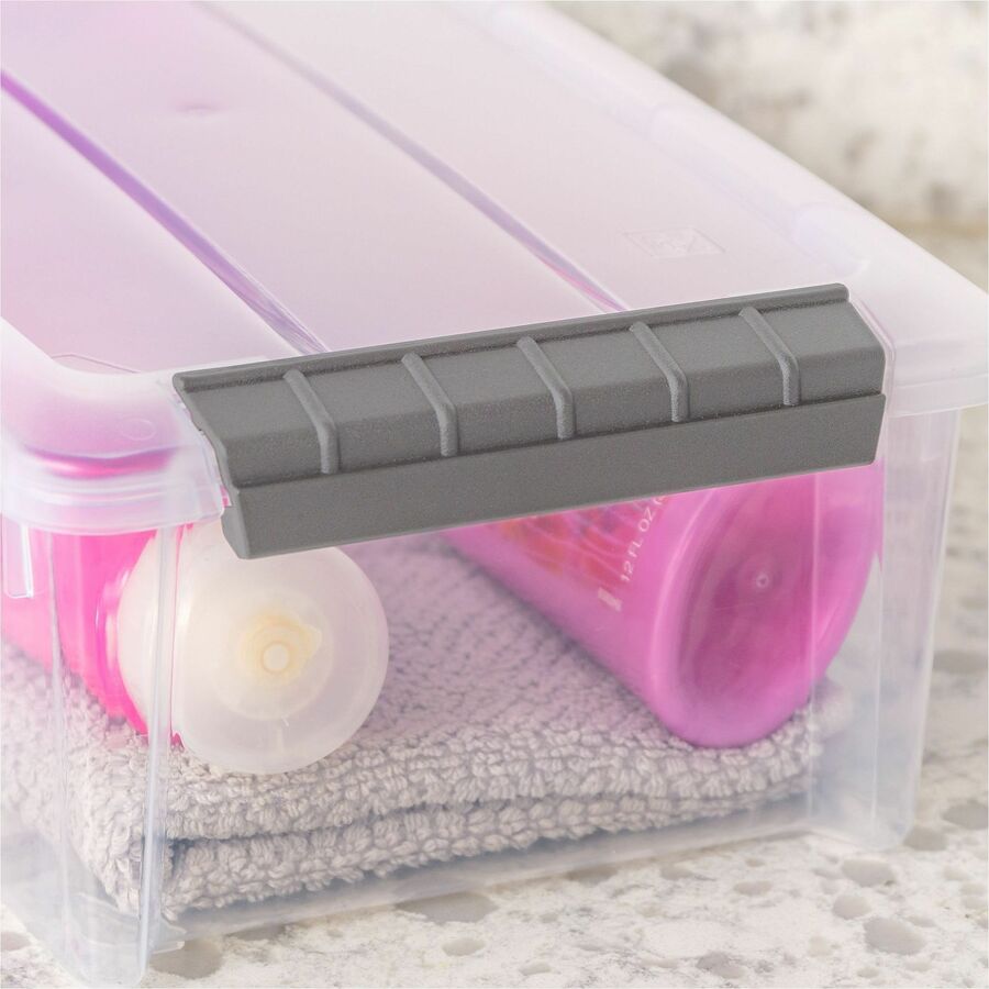 External Dimensions: 14.1" Length x 8.1" Width x 4.6" Height - 1.55 gal - Buckle Latch Closure - Stackable - Clear, Gray - For Document - 1 Each