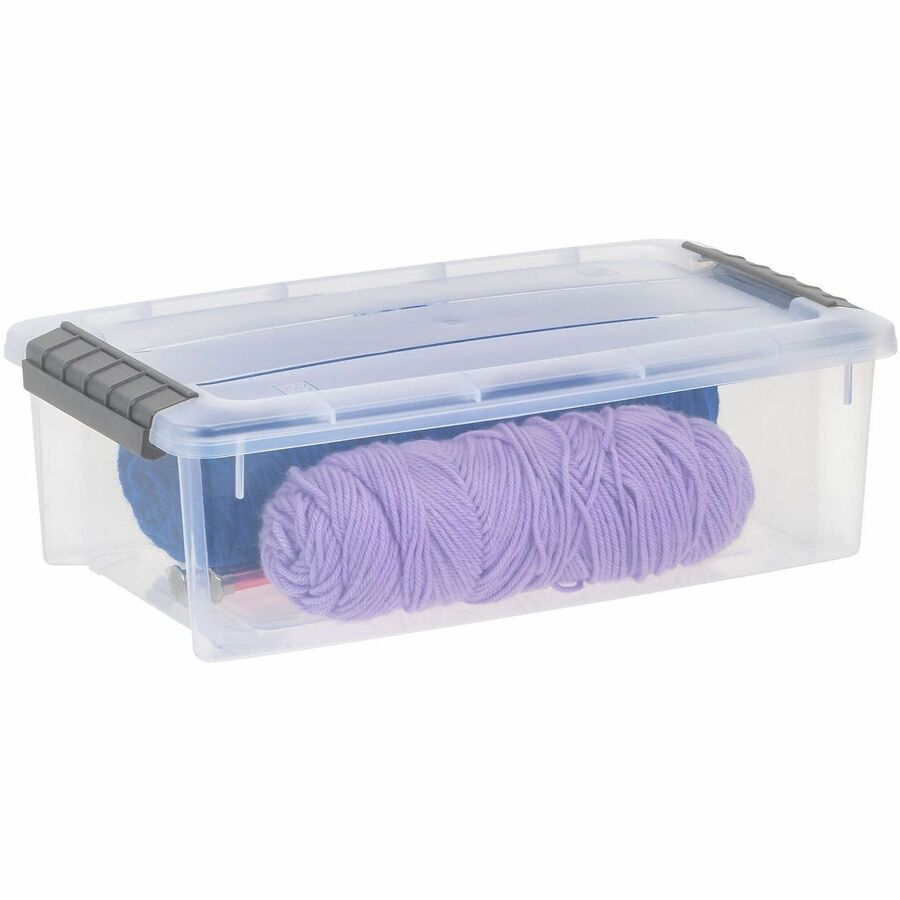 External Dimensions: 14.1" Length x 8.1" Width x 4.6" Height - 1.55 gal - Buckle Latch Closure - Stackable - Clear, Gray - For Document - 1 Each