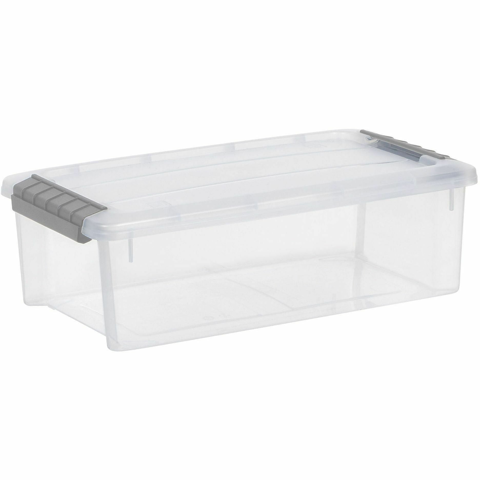 External Dimensions: 14.1" Length x 8.1" Width x 4.6" Height - 1.55 gal - Buckle Latch Closure - Stackable - Clear, Gray - For Document - 1 Each