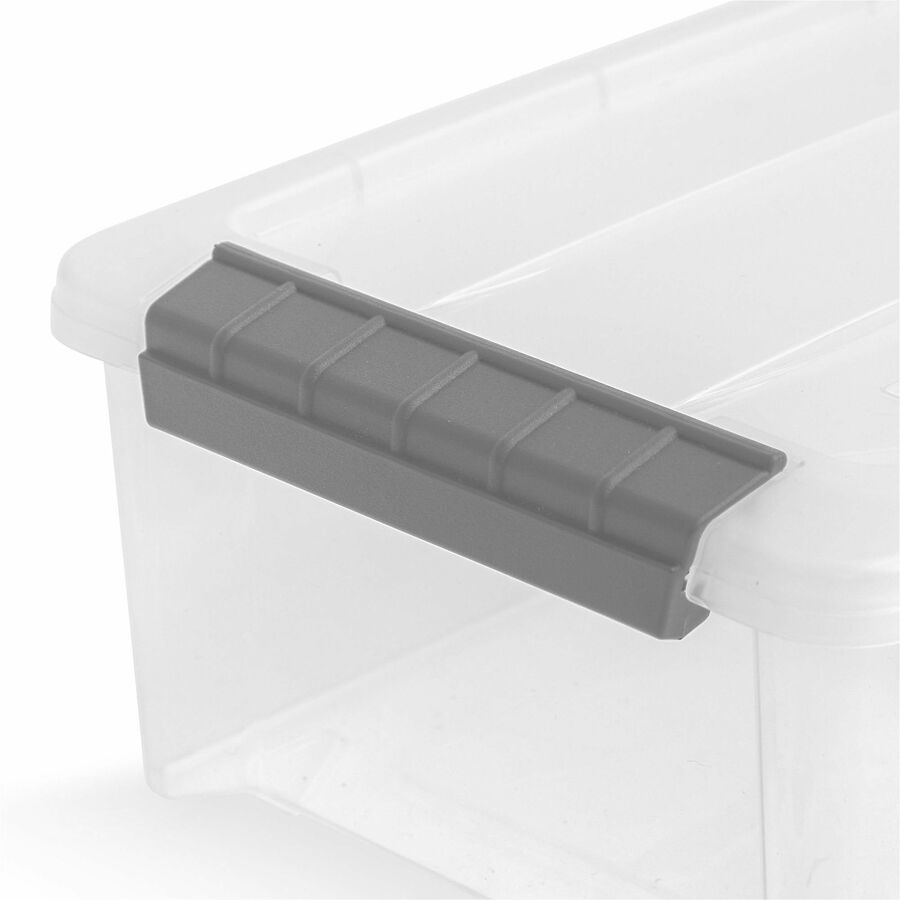 External Dimensions: 14.1" Length x 8.1" Width x 4.6" Height - 1.55 gal - Buckle Latch Closure - Stackable - Clear, Gray - For Document - 1 Each