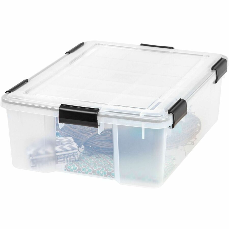 IRIS WeatherTight Heavy-duty Storage Tote, 10.3 Gallon, 23.6" x 17.8" x 7.9", Lid with Buckle Latch, Stackable, Plastic, Clear/Black, 1 Each
