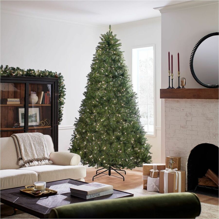 National Tree Dunhill Fir Christmas Tree, Green, 9 ft, Pre-strung Clear Lights, Hinged Branches, Sturdy Metal Stand, 1 Each