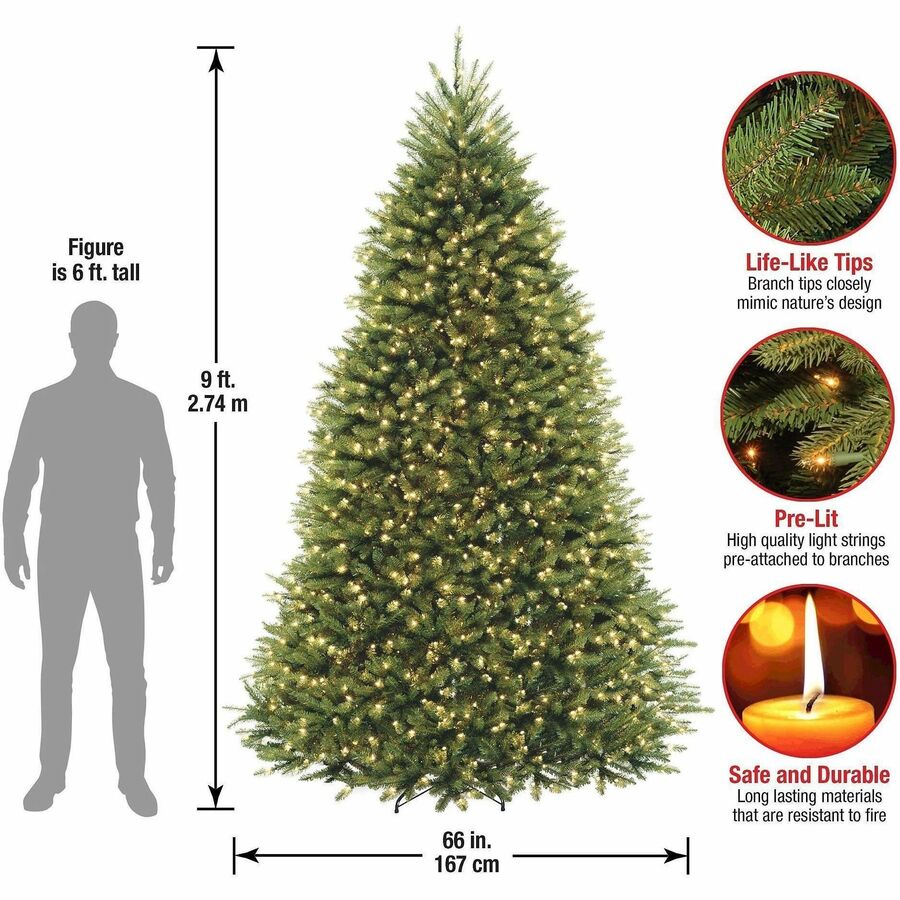 National Tree Dunhill Fir Christmas Tree, Green, 9 ft, Pre-strung Clear Lights, Hinged Branches, Sturdy Metal Stand, 1 Each