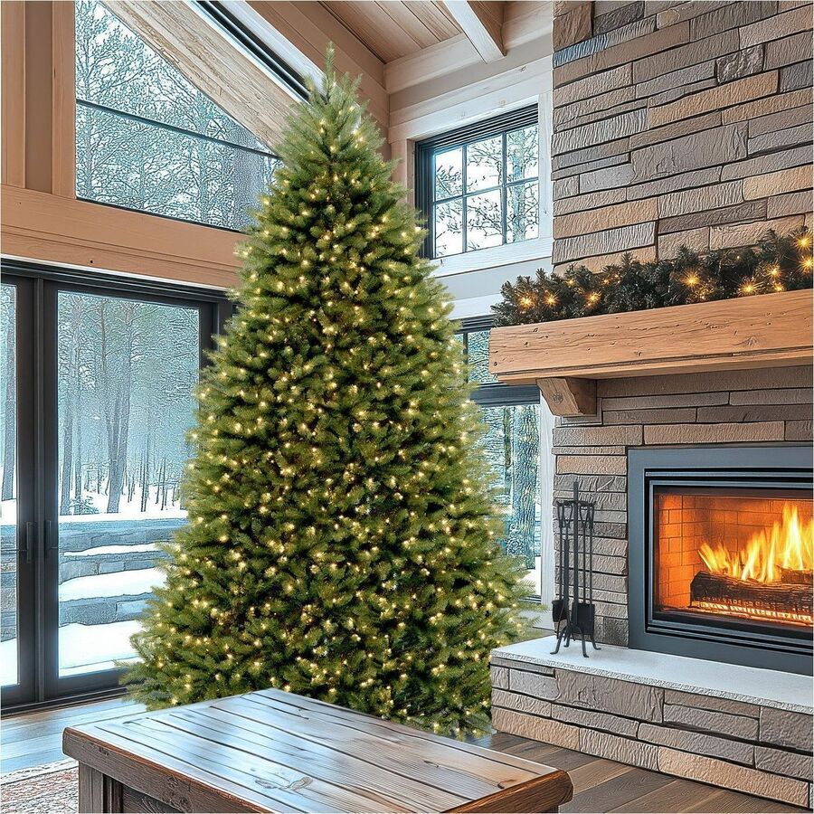 National Tree Dunhill Fir Christmas Tree, Green, 9 ft, Pre-strung Clear Lights, Hinged Branches, Sturdy Metal Stand, 1 Each
