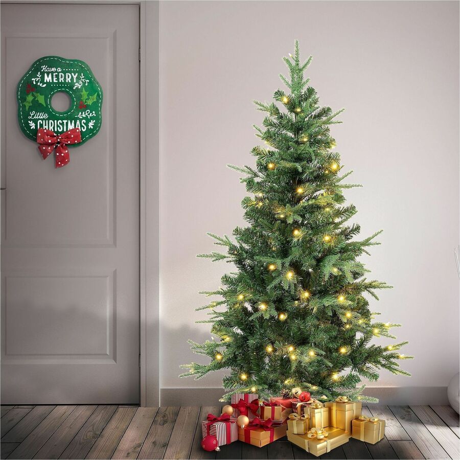 National Tree Duxbury Pine 4.5' Green Christmas Tree with 120 Warm White LED Lights, Snow-Dusted Branches, Pinecone Accents, Hinged Branches, Metal Stand, 1 Each