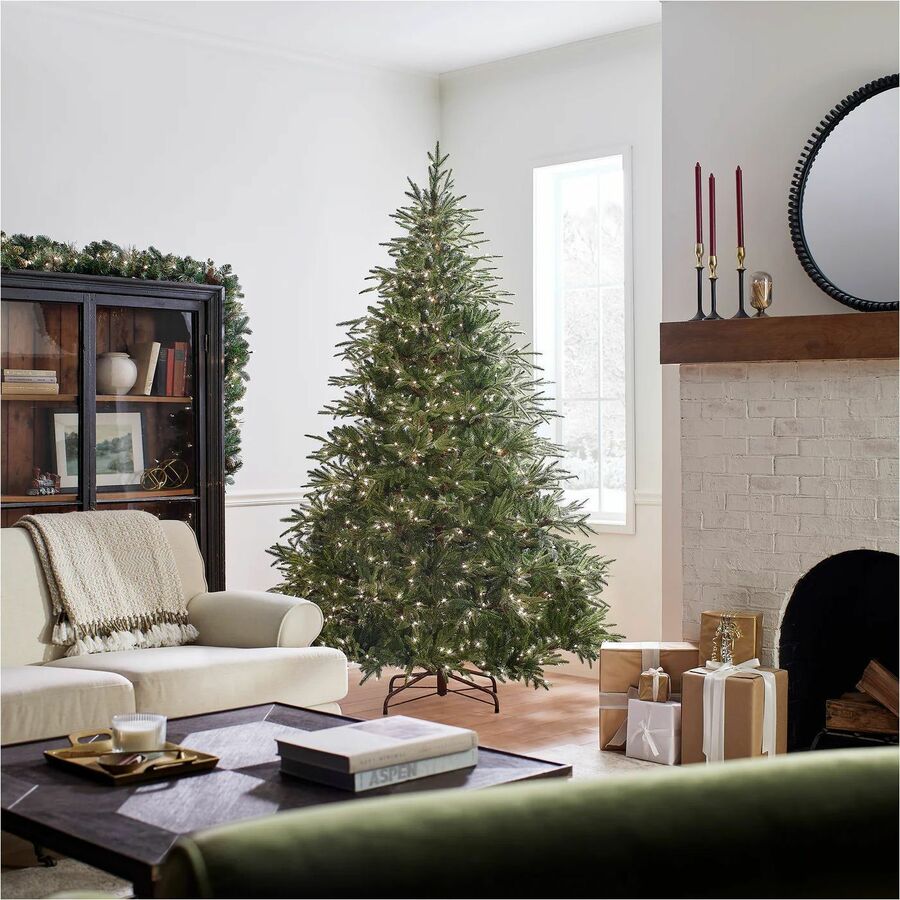National Tree Pre-Lit Fraser Grande Christmas Tree, 7.5 ft, Green, 1 Each, 1,000 Clear Lights, 65" Diameter, Hinged Branches, Metal Stand Included