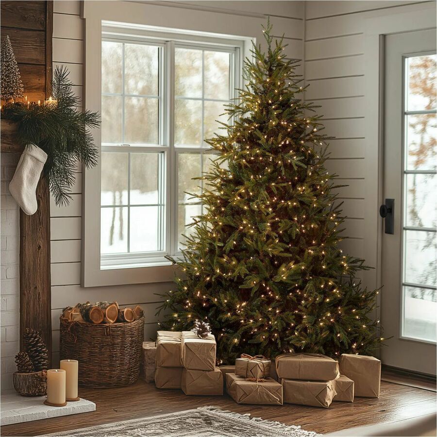 National Tree Pre-Lit Fraser Grande Christmas Tree, 7.5 ft, Green, 1 Each, 1,000 Clear Lights, 65" Diameter, Hinged Branches, Metal Stand Included