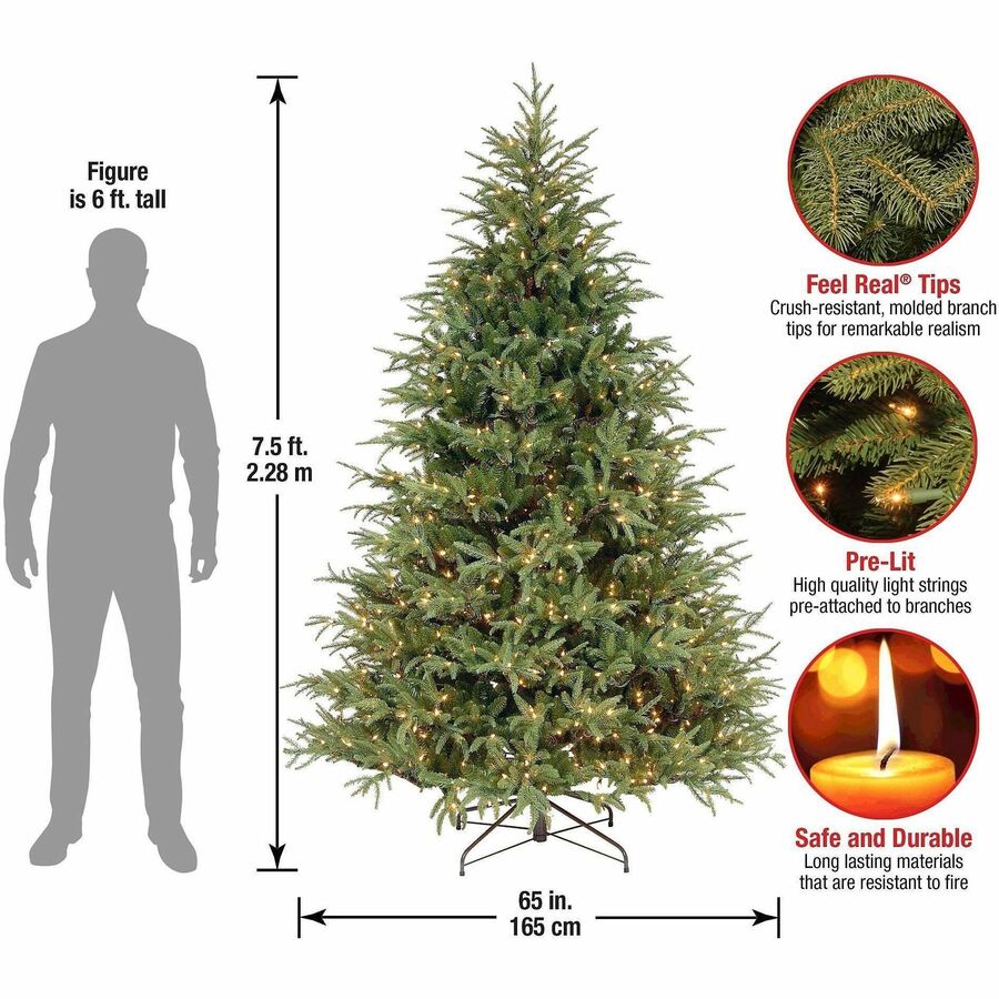 National Tree Pre-Lit Fraser Grande Christmas Tree, 7.5 ft, Green, 1 Each, 1,000 Clear Lights, 65" Diameter, Hinged Branches, Metal Stand Included