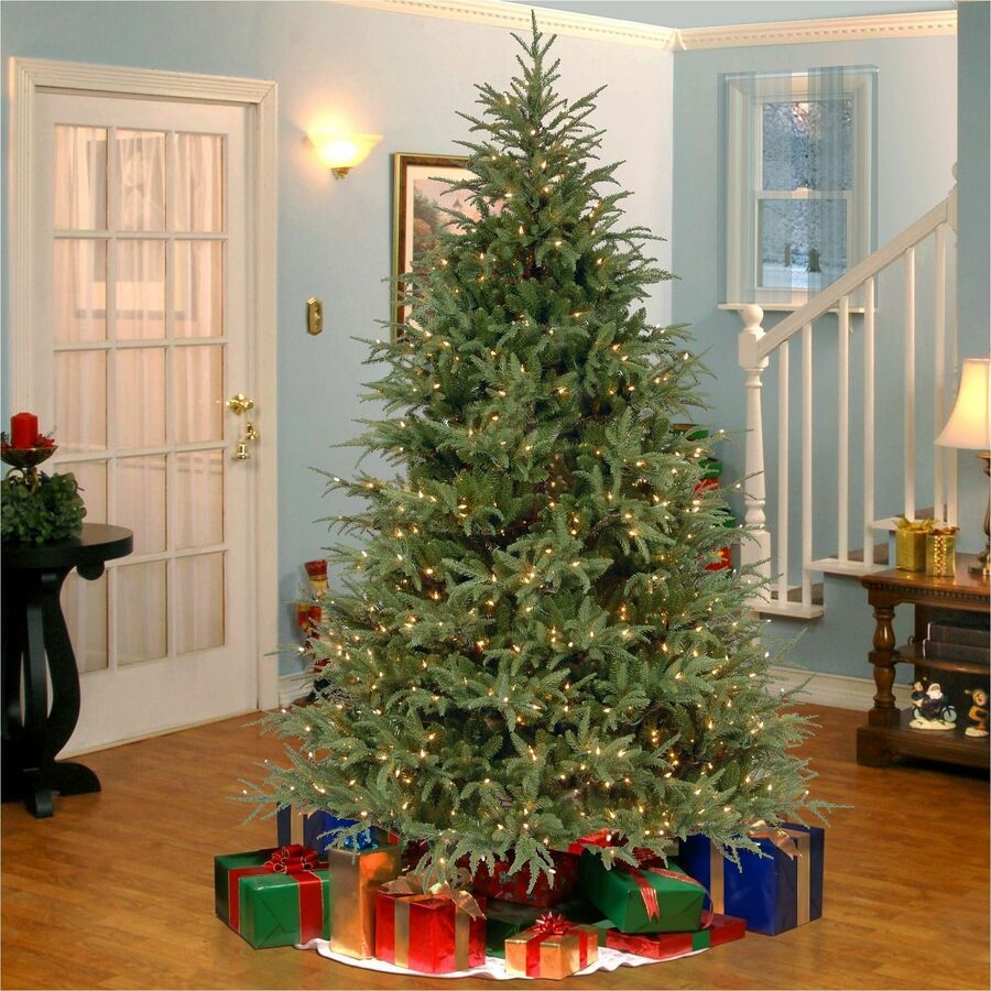 National Tree Pre-Lit Fraser Grande Christmas Tree, 7.5 ft, Green, 1 Each, 1,000 Clear Lights, 65" Diameter, Hinged Branches, Metal Stand Included