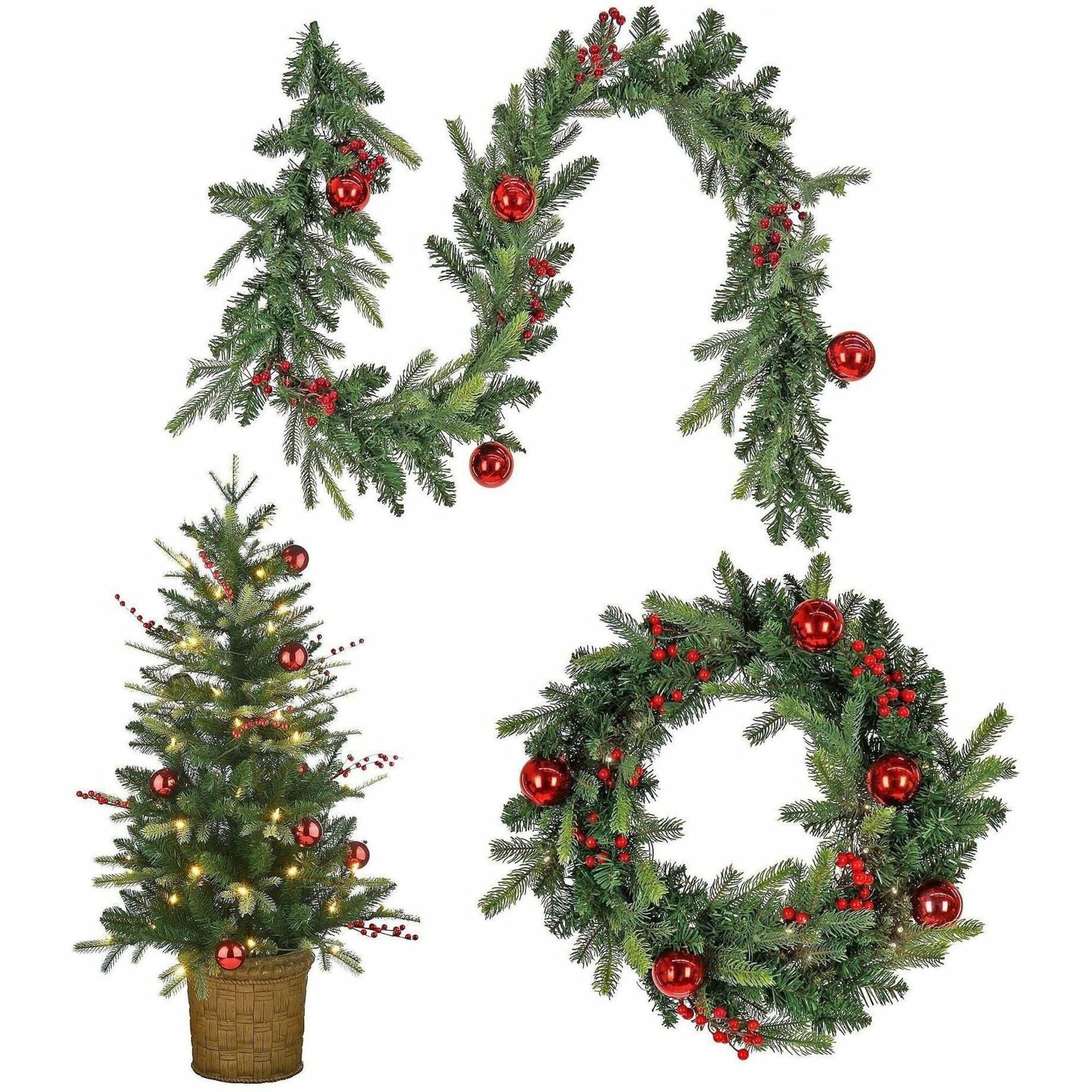 National Tree Scotch Creek Fir 3-Piece Wreath & Garland Set, Pre-Lit with Warm White LED Lights, Green, 1 Set