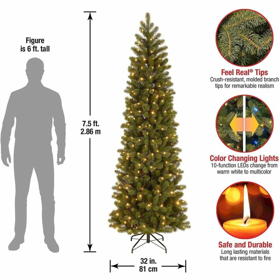 National Tree Downswept Douglas Fir Slim Christmas Tree, 90" Height, 32" Width, 350 Dual Color LED Lights, Green, 1 Each