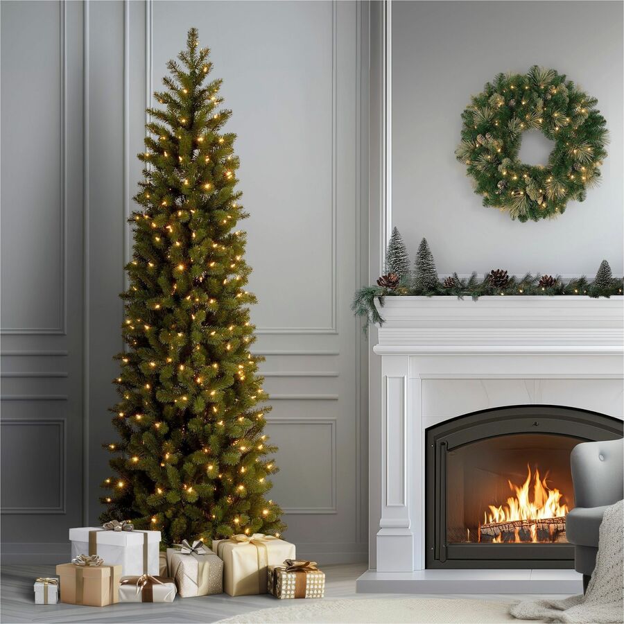 National Tree Downswept Douglas Fir Slim Christmas Tree, 90" Height, 32" Width, 350 Dual Color LED Lights, Green, 1 Each