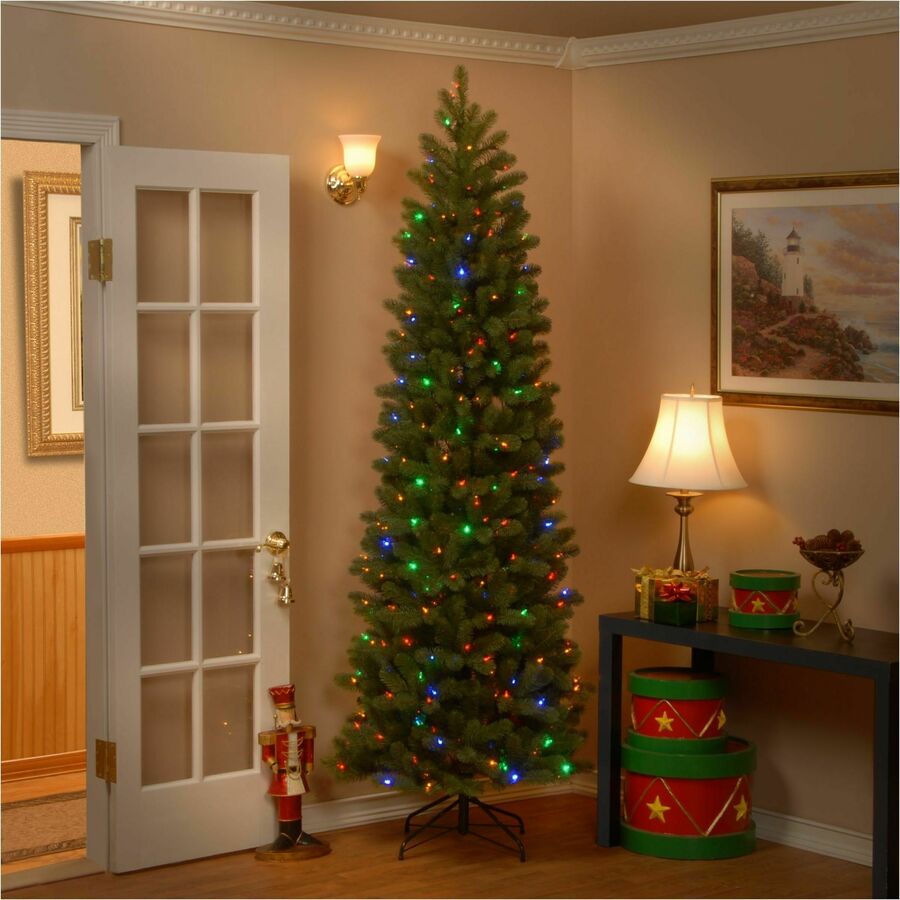 National Tree Downswept Douglas Fir Slim Christmas Tree, 90" Height, 32" Width, 350 Dual Color LED Lights, Green, 1 Each