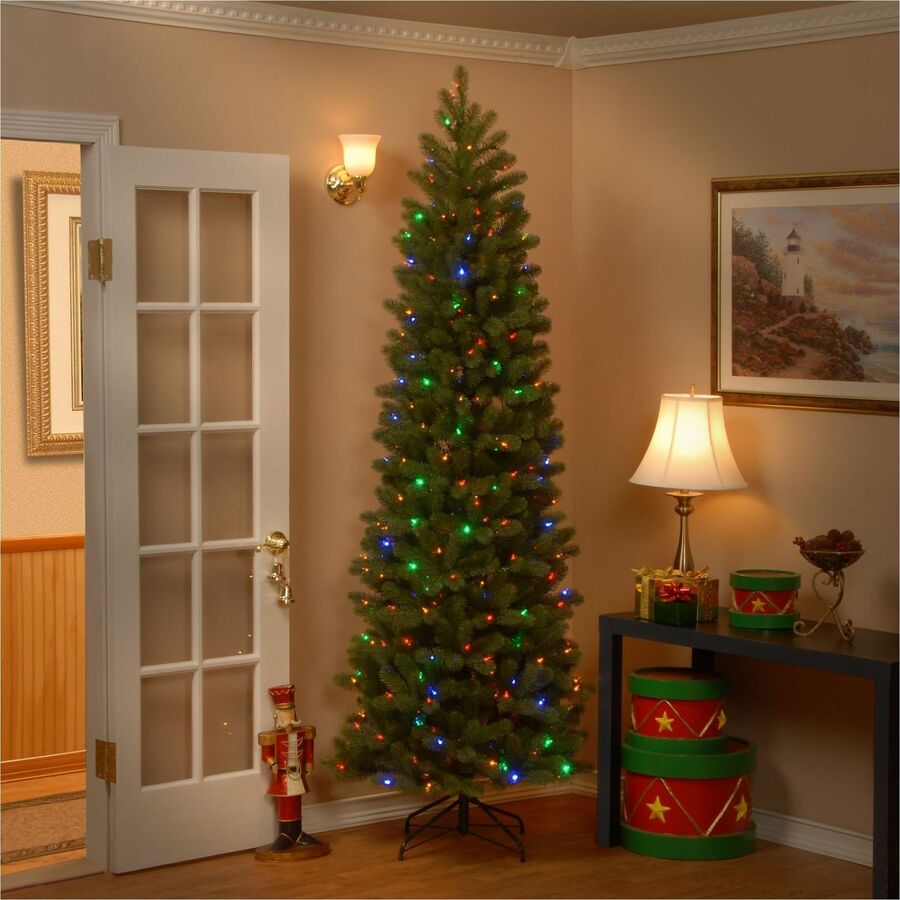 National Tree Downswept Douglas Fir Slim Christmas Tree, 90" Height, 32" Width, 350 Dual Color LED Lights, Green, 1 Each