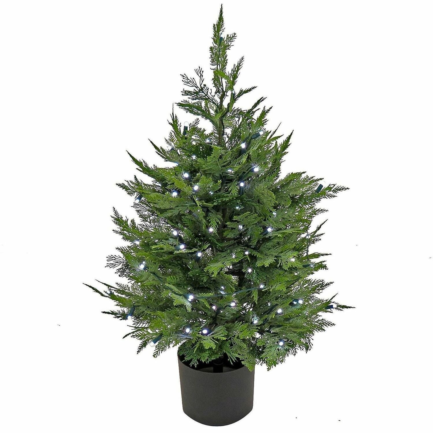 National Tree Cypress Topiary Artificial Tree, 3' Tall, Pre-Lit with 100 LED Lights, Green, in Matte Black Pot, 1 Each
