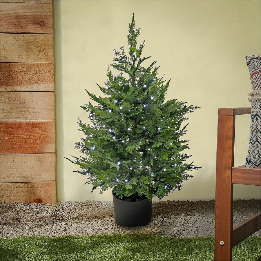 National Tree Cypress Topiary Artificial Tree, 3' Tall, Pre-Lit with 100 LED Lights, Green, in Matte Black Pot, 1 Each
