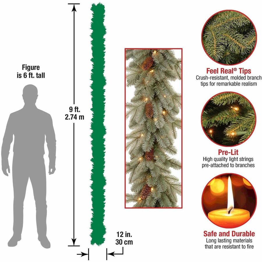 National Tree Arctic Spruce Garland, 9 ft, Green, Pre-Lit with 50 Clear Lights, Includes Pine Cones, 1 Each