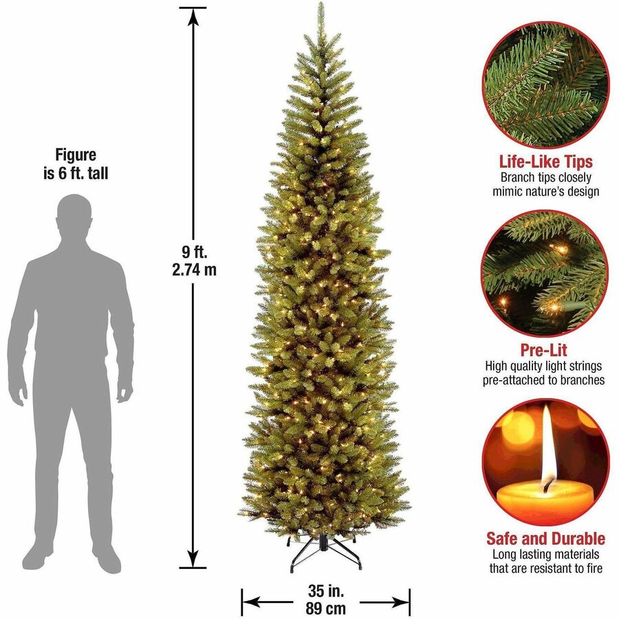 National Tree Kingswood Fir Slim Pencil Christmas Tree, 9 ft, Green, Pre-strung Clear Lights, Includes Sturdy Metal Stand, 1 Each