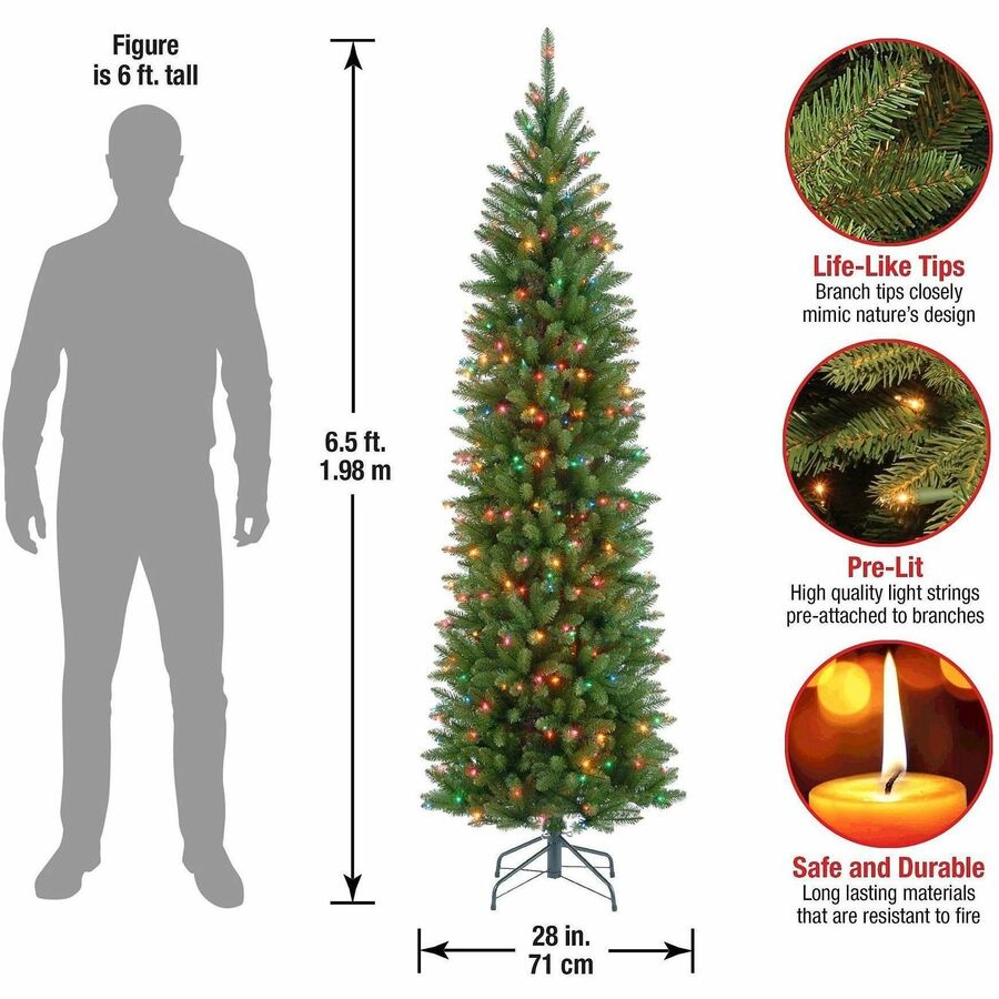 National Tree Kingswood Fir Slim Pencil Christmas Tree, 78" Height x 28" Width, Green with Multicolor LED Lights, Includes 1 Tree, Metal Stand, Spare Bulbs and Fuses