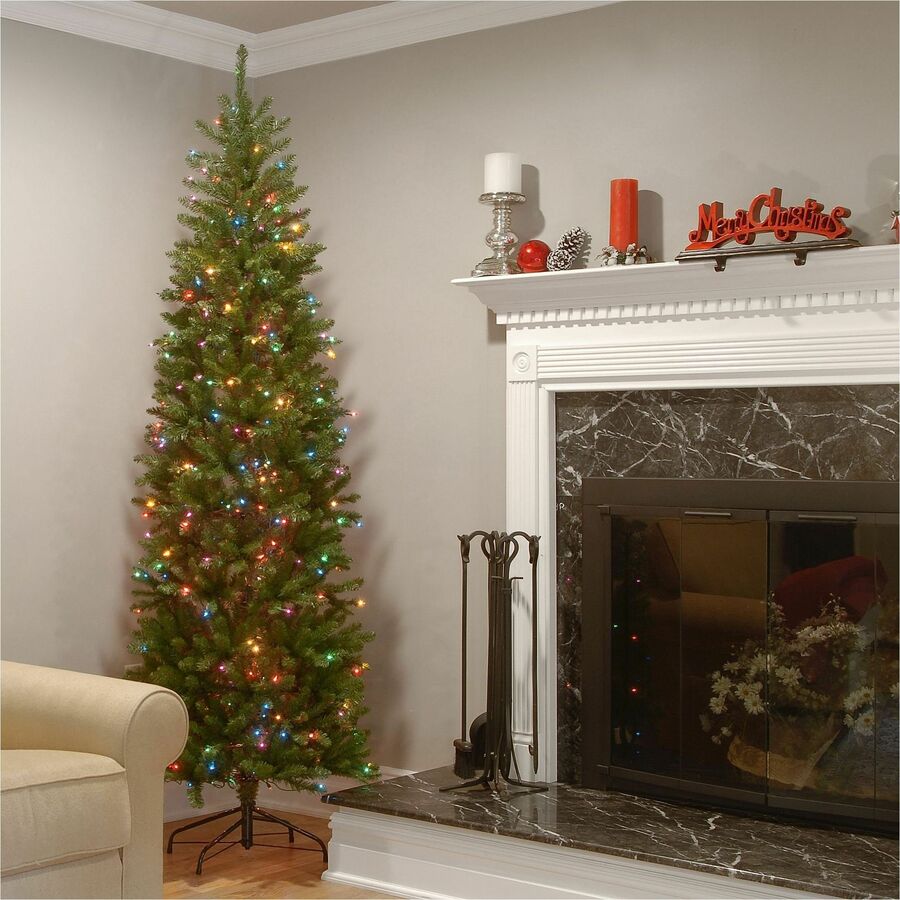 National Tree Kingswood Fir Slim Pencil Christmas Tree, 78" Height x 28" Width, Green with Multicolor LED Lights, Includes 1 Tree, Metal Stand, Spare Bulbs and Fuses
