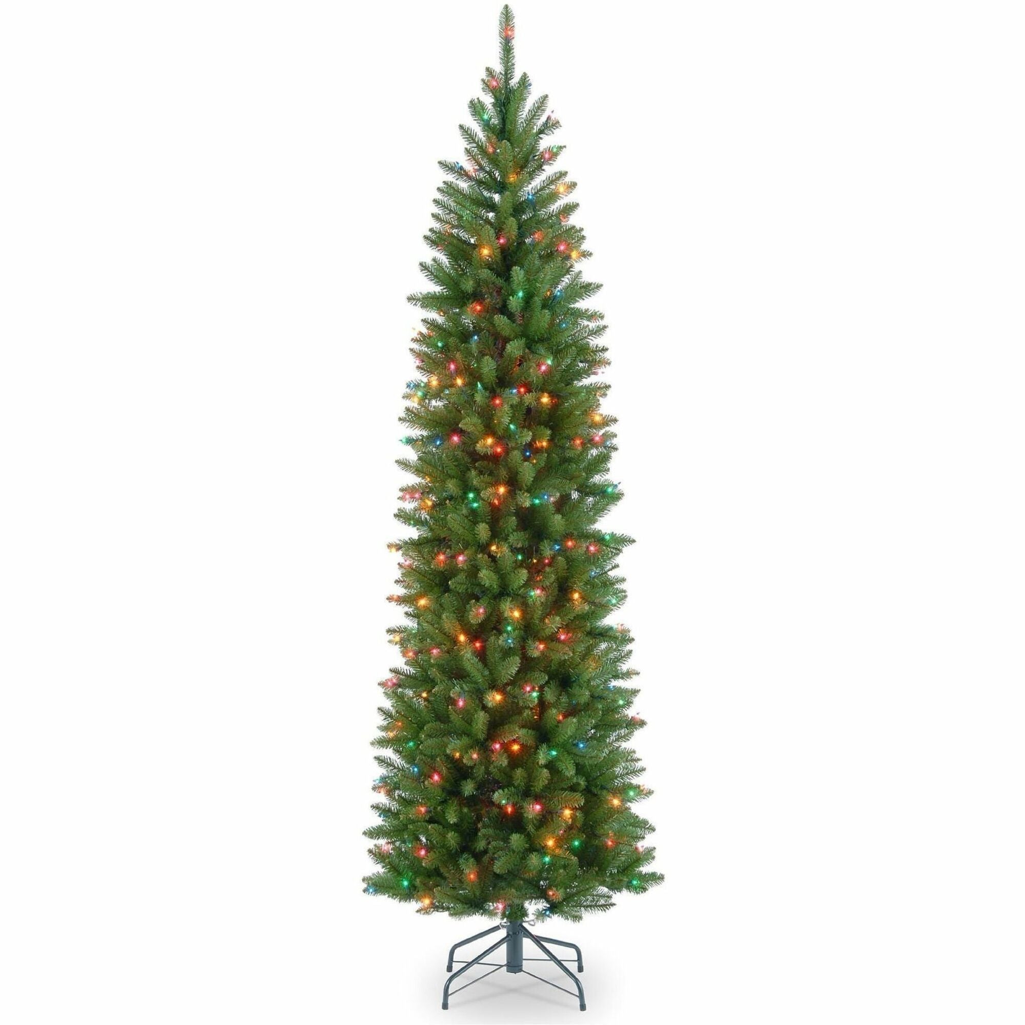 National Tree Kingswood Fir Slim Pencil Christmas Tree, 78" Height x 28" Width, Green with Multicolor LED Lights, Includes 1 Tree, Metal Stand, Spare Bulbs and Fuses