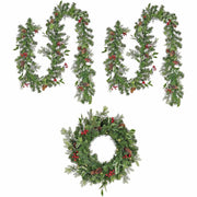 National Tree Holly Berry Wreath & Garland Set, Includes Two 9 ft Garlands with 50 LED Lights Each and One 24" Wreath with 20 LED Lights, Green, 1 Set