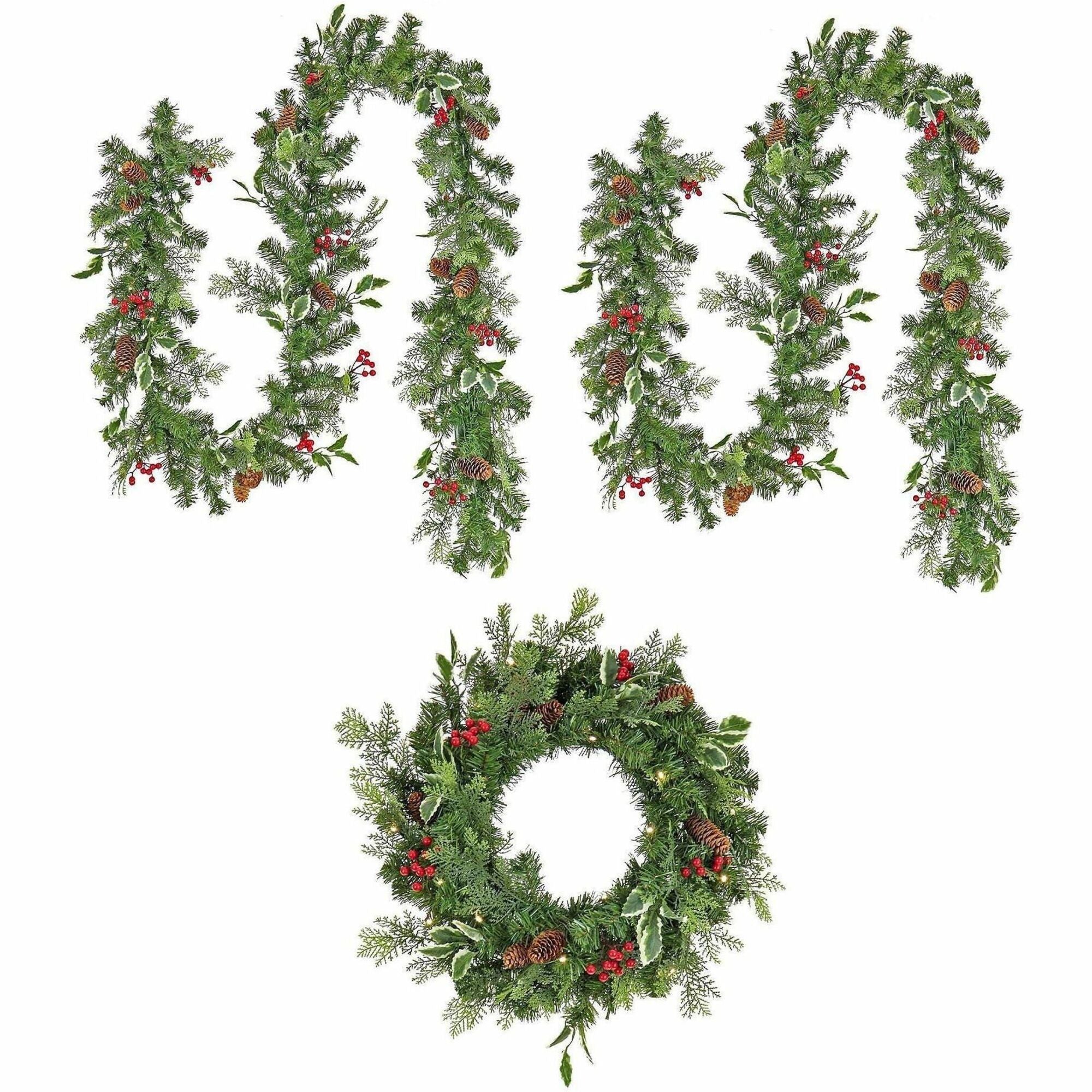 National Tree Holly Berry Wreath & Garland Set, Includes Two 9 ft Garlands with 50 LED Lights Each and One 24" Wreath with 20 LED Lights, Green, 1 Set