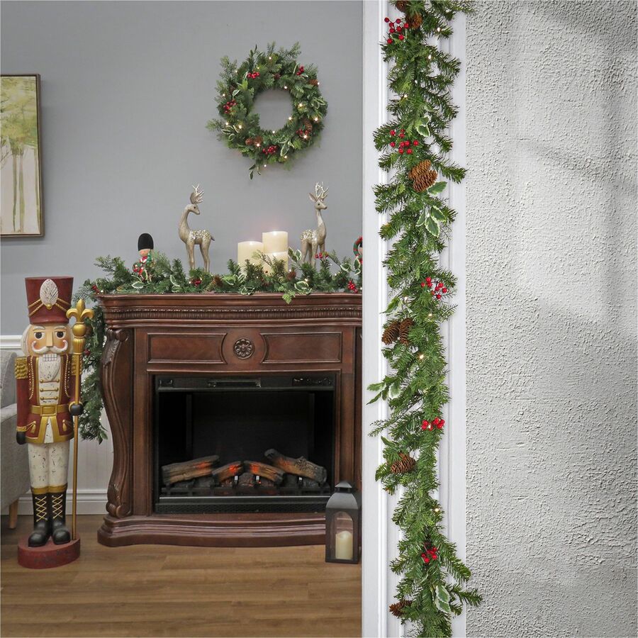 National Tree Holly Berry Wreath & Garland Set, Includes Two 9 ft Garlands with 50 LED Lights Each and One 24" Wreath with 20 LED Lights, Green, 1 Set