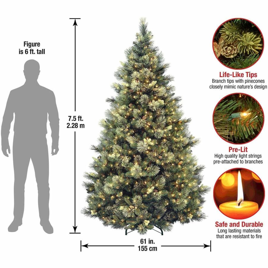 National Tree Carolina Pine Pre-Lit Christmas Tree, 7.5 ft, Green, 750 Clear Lights, Includes Metal Stand, 1 Each