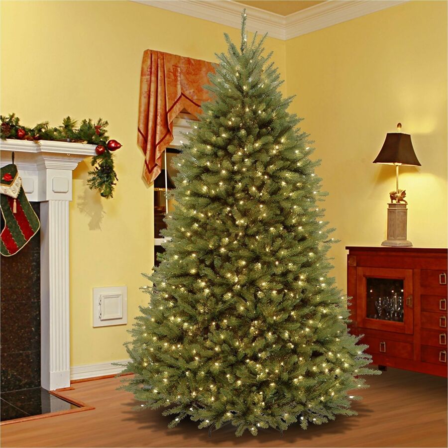 National Tree Dunhill Fir Christmas Tree, Green, 9 ft Height, 66 in Width, Pre-strung Clear Lights, Hinged Branches, Includes 1 Tree with Sturdy Metal Stand, Spare Bulbs and Fuses