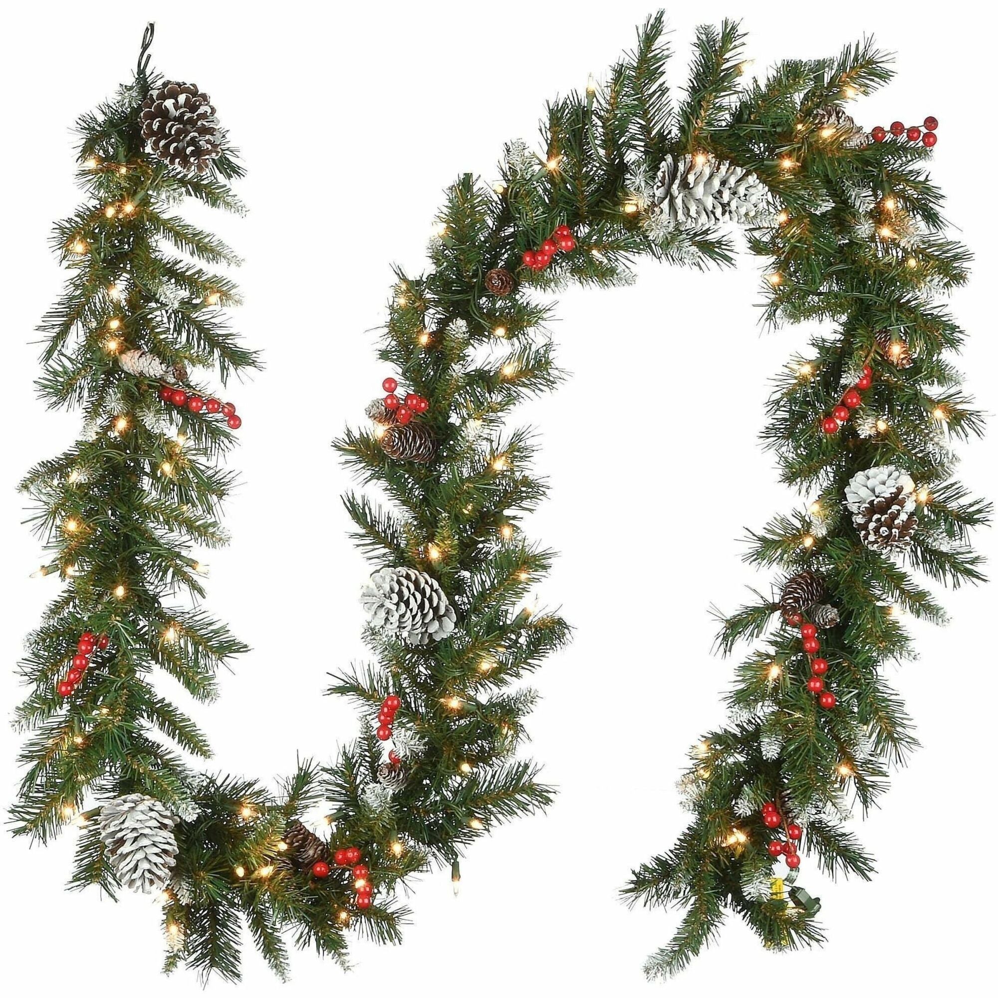 National Tree Frosted Berry Garland, 9 ft, Green, Pre-Lit with 100 Clear Lights, Includes Spare Bulbs and Fuses, 1 Each
