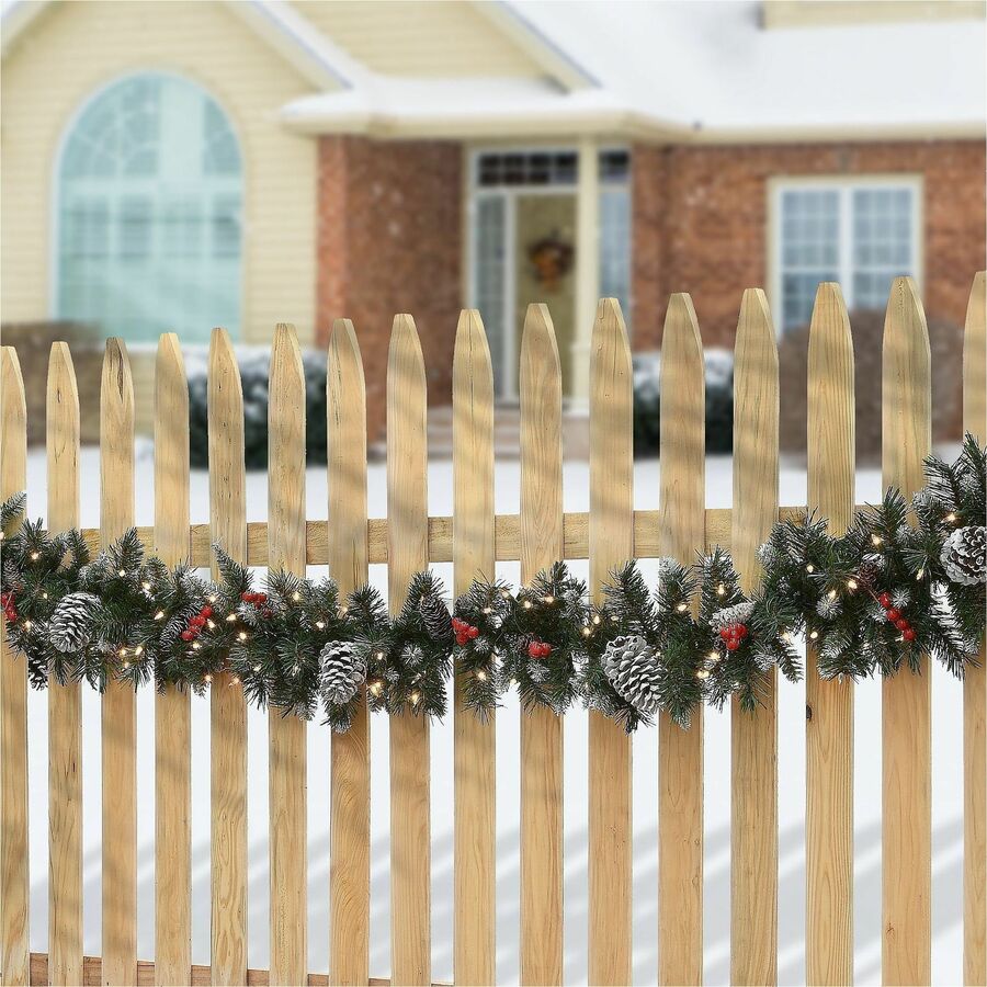 National Tree Frosted Berry Garland, 9 ft, Green, Pre-Lit with 100 Clear Lights, Includes Spare Bulbs and Fuses, 1 Each