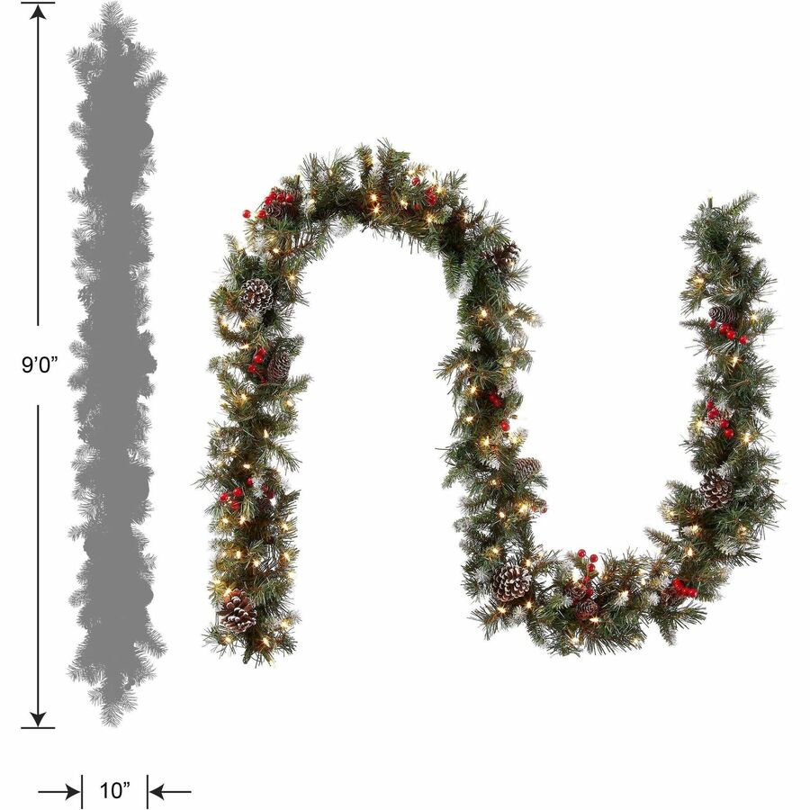 National Tree Frosted Berry Garland, 9 ft, Green, Pre-Lit with 100 Clear Lights, Includes Spare Bulbs and Fuses, 1 Each