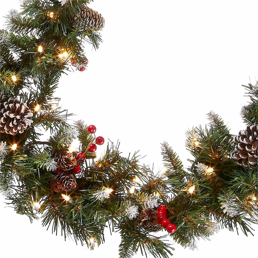 National Tree Frosted Berry Garland, 9 ft, Green, Pre-Lit with 100 Clear Lights, Includes Spare Bulbs and Fuses, 1 Each