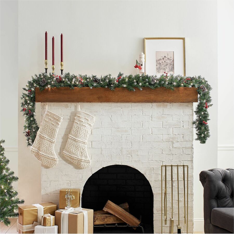 National Tree Frosted Berry Garland, 9 ft, Green, Pre-Lit with 100 Clear Lights, Includes Spare Bulbs and Fuses, 1 Each