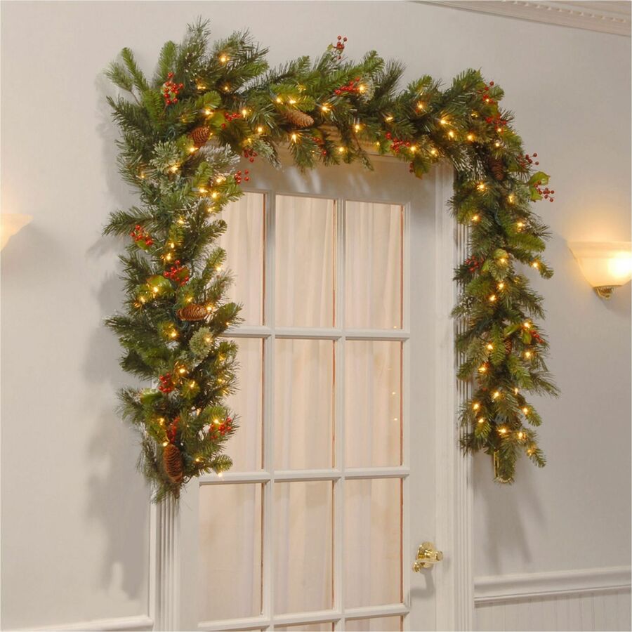 National Tree Wintry Pine Garland, 9 ft, Green, Pre-Lit with 100 Clear Lights, Includes Spare Bulbs and Fuses, 1 Each