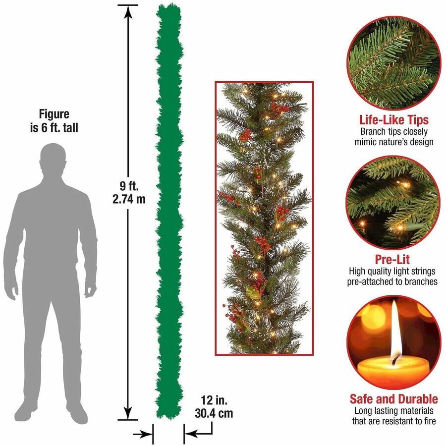 National Tree Wintry Pine Garland, 9 ft, Green, Pre-Lit with 100 Clear Lights, Includes Spare Bulbs and Fuses, 1 Each